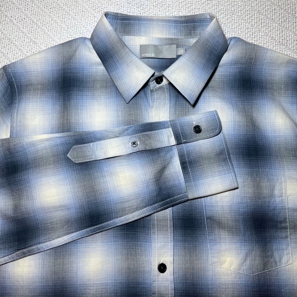 Vince Mens Blue Ombre Plaid Cotton Button Down Shirt Size Medium Italian Fabric